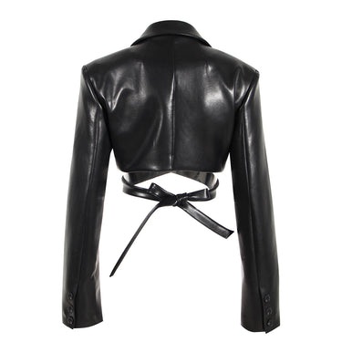 Black Field Full Open Criss Cross Lace Up Waist Controlled Show Chest Long Sleeve Faux Leather Short Coat Women - Modestly Vogue